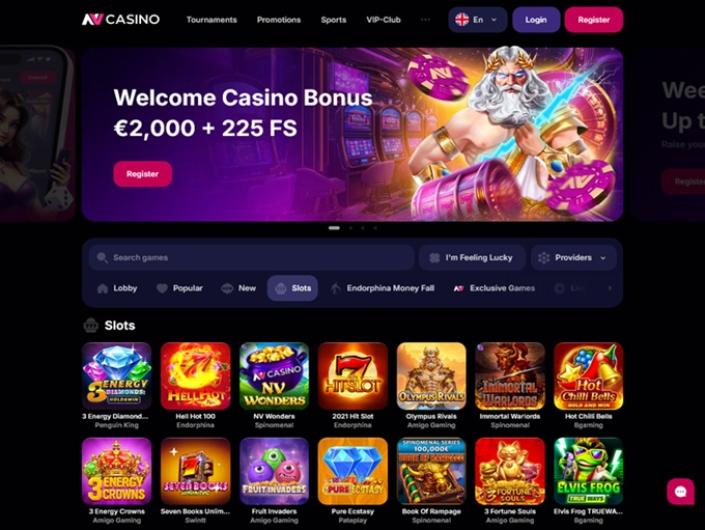 NVCasino bonuspagina met welkomstbonus 100% + 100 spins